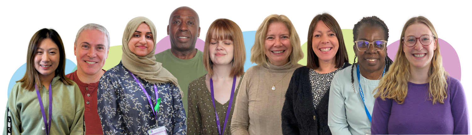 A mix of 9 BID staff professional headshots. They're all smiling and lined up in a row. Behind them are pastel blobs in light green, light blue and purple.